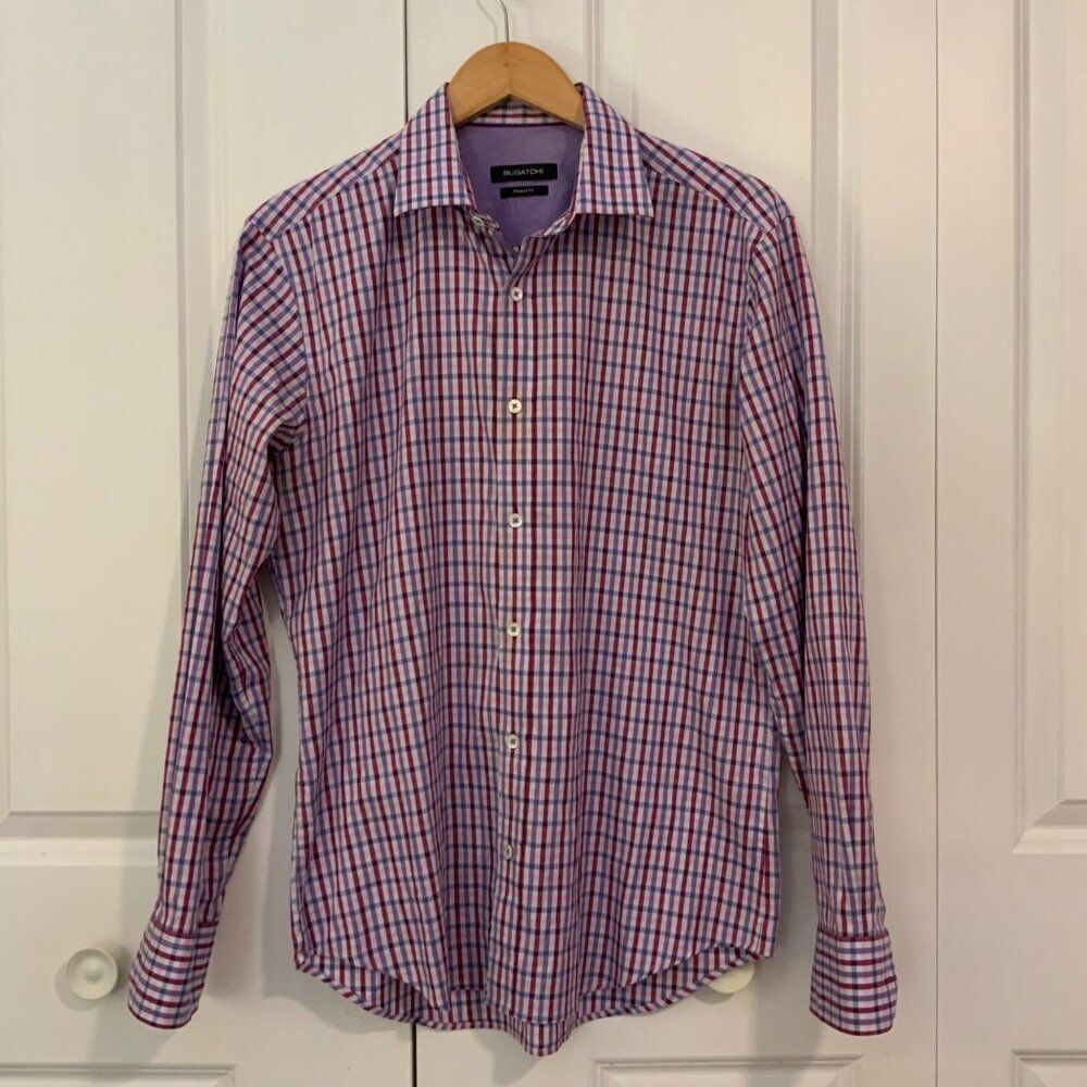 Bugatchi Purple Plaid Shaped Fit Cotton Long Sleeve Collared Shirt Small